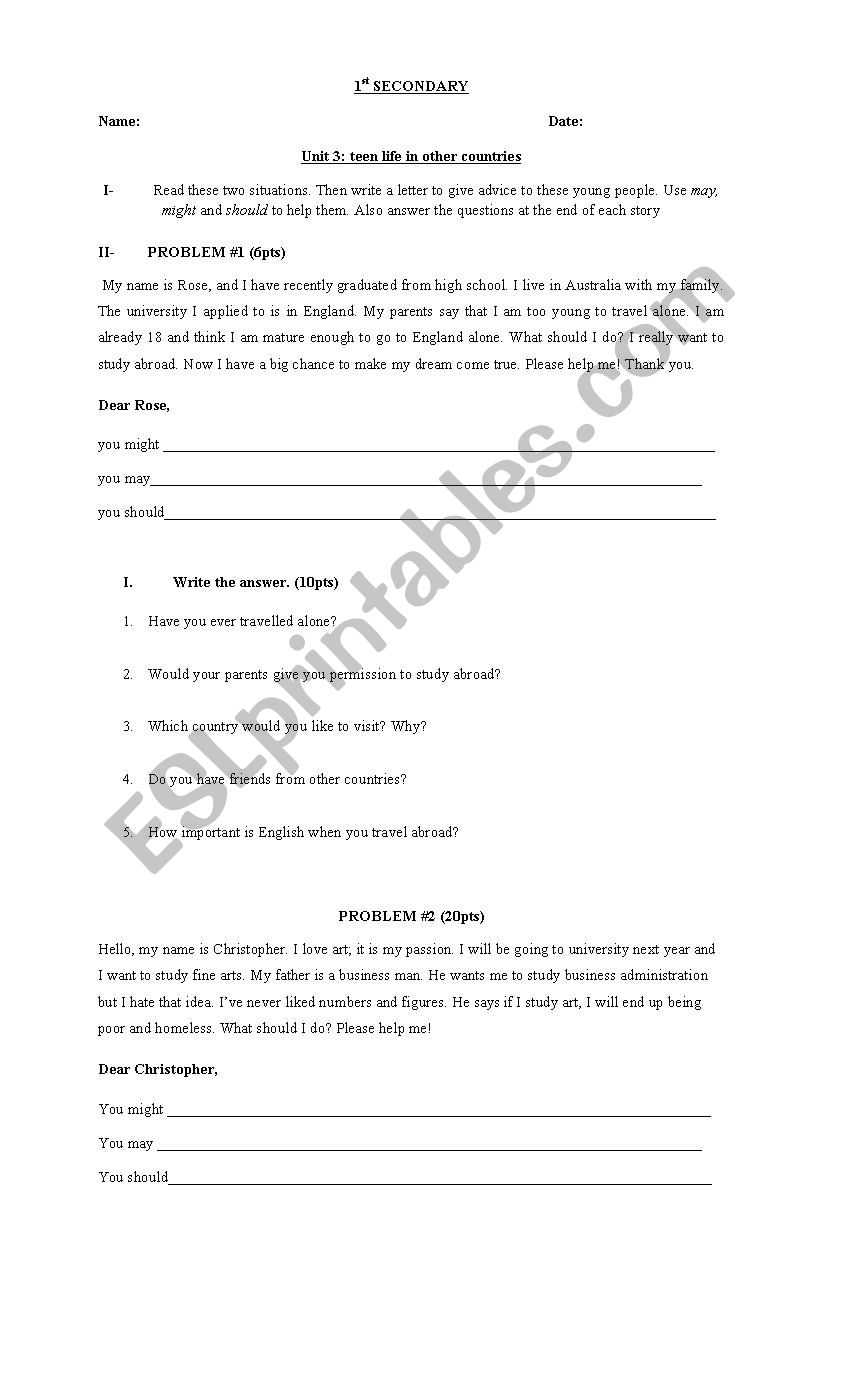 teen life worksheet