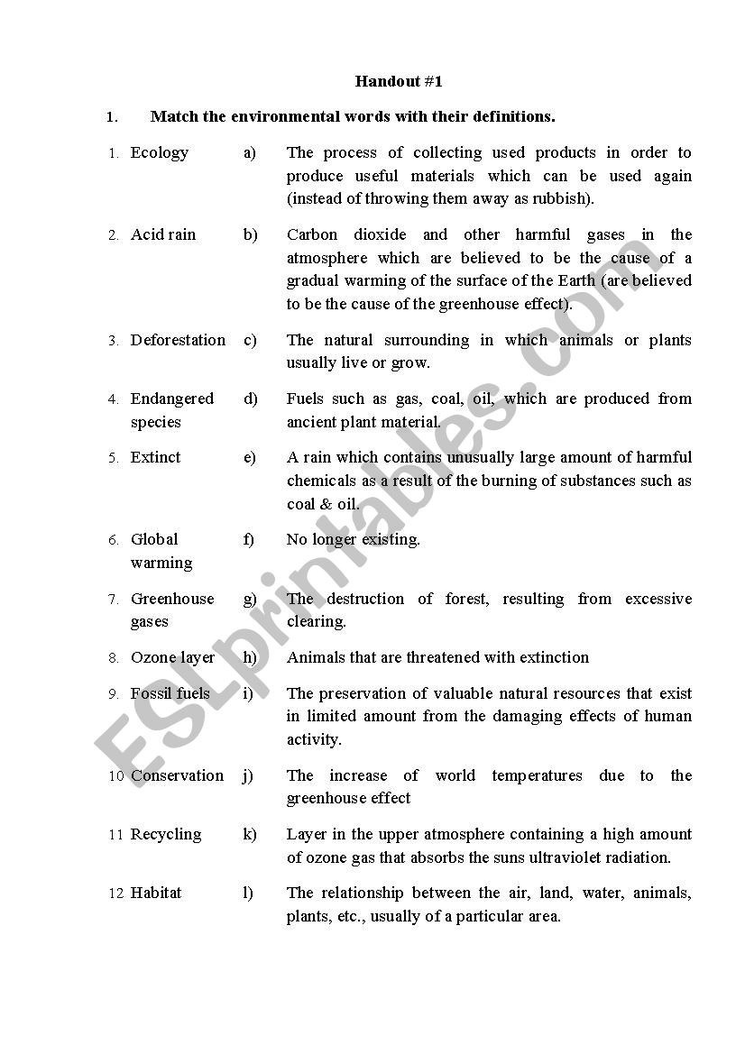 environmnent handout worksheet