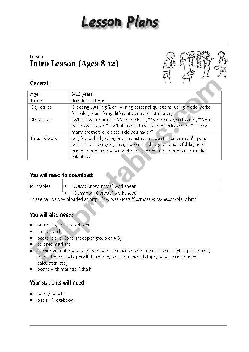 Intro Lesson (Ages 8-12) - ESL worksheet by thanatosdead