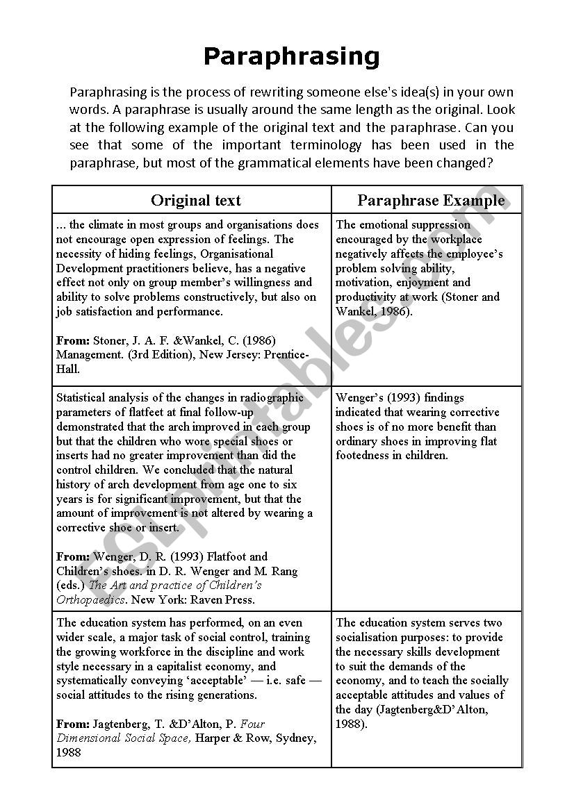 paraphrasing practice worksheet pdf