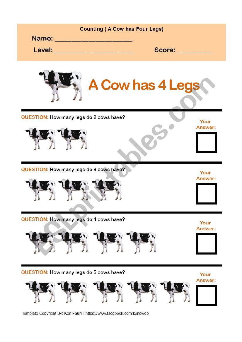 Counting (A Cow has 4 Legs) worksheet
