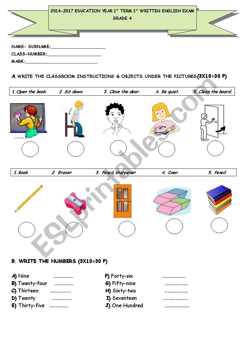 4.grade english exam worksheet