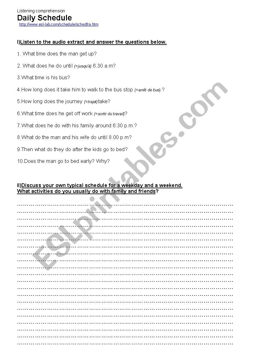 Daily schedule worksheet