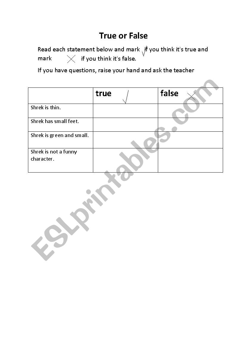 Truen or False worksheet