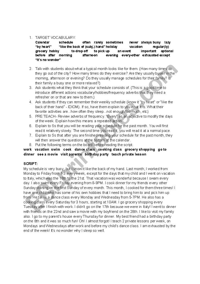 Talking about schedule (past tenses) LESSON PLAN AND SCRIPT