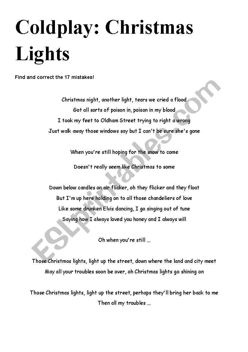 Song Christmas Lights By Coldplay Esl Worksheet By Zooflo