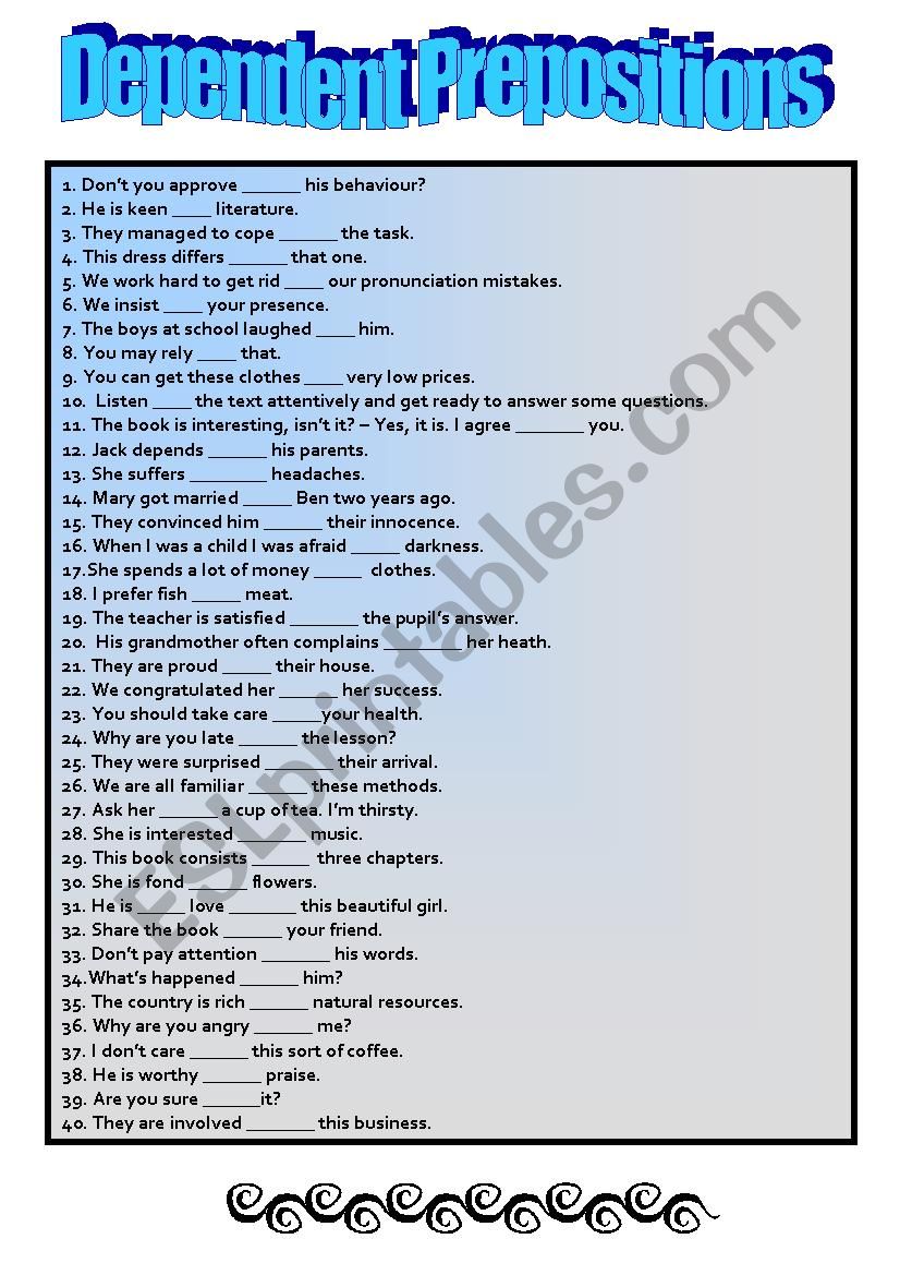 Dependent Prepositions worksheet