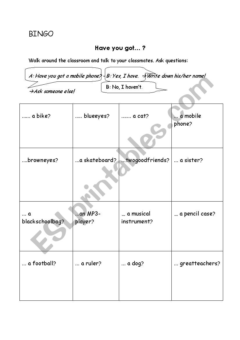 Have got - Bingo worksheet