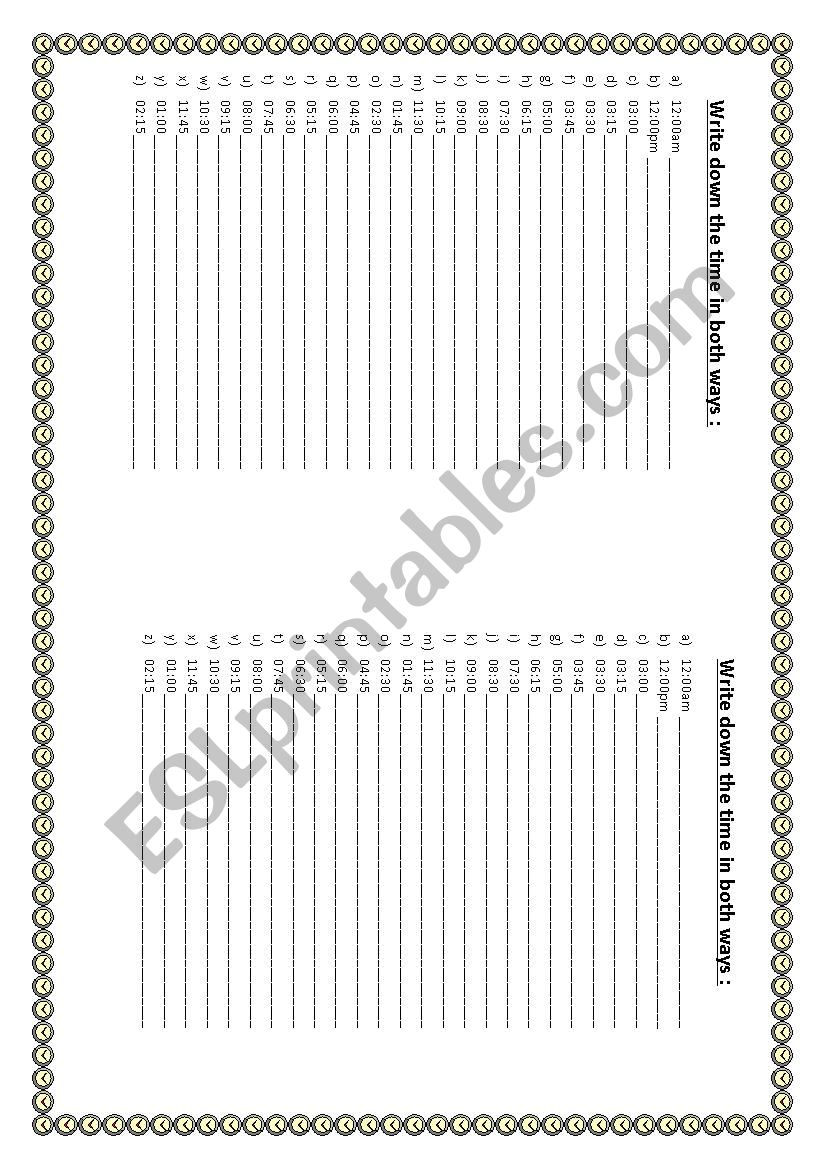 Write the time in both ways worksheet