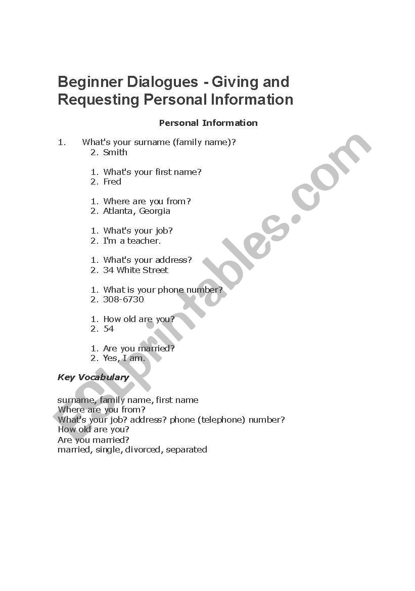 Beginners Dialogues, Giving and Requesting Personal Information
