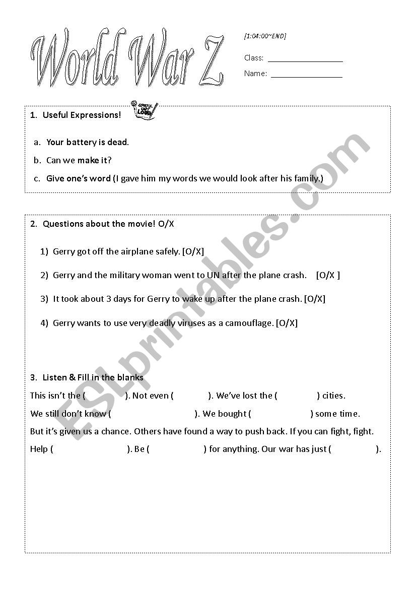 World War Z Worksheet 3 Esl Worksheet By Choiyh8759