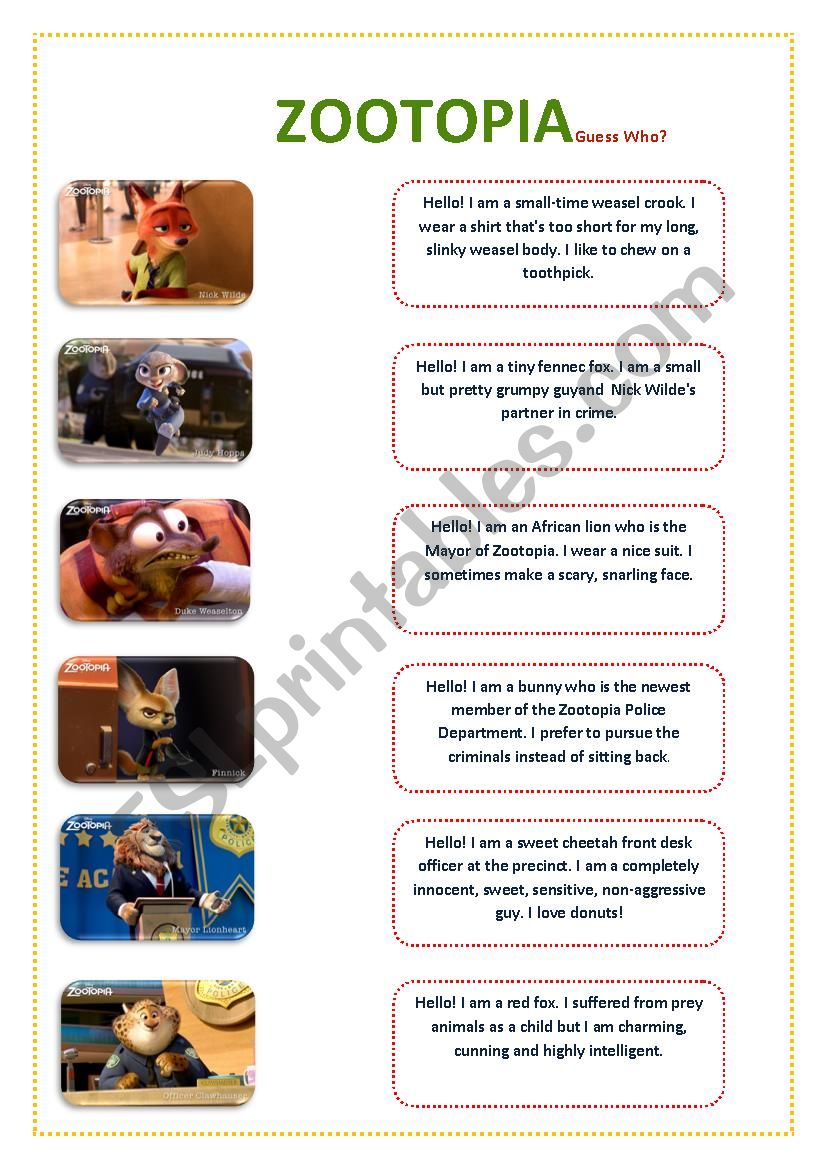 Zootopia - Guess Who? worksheet