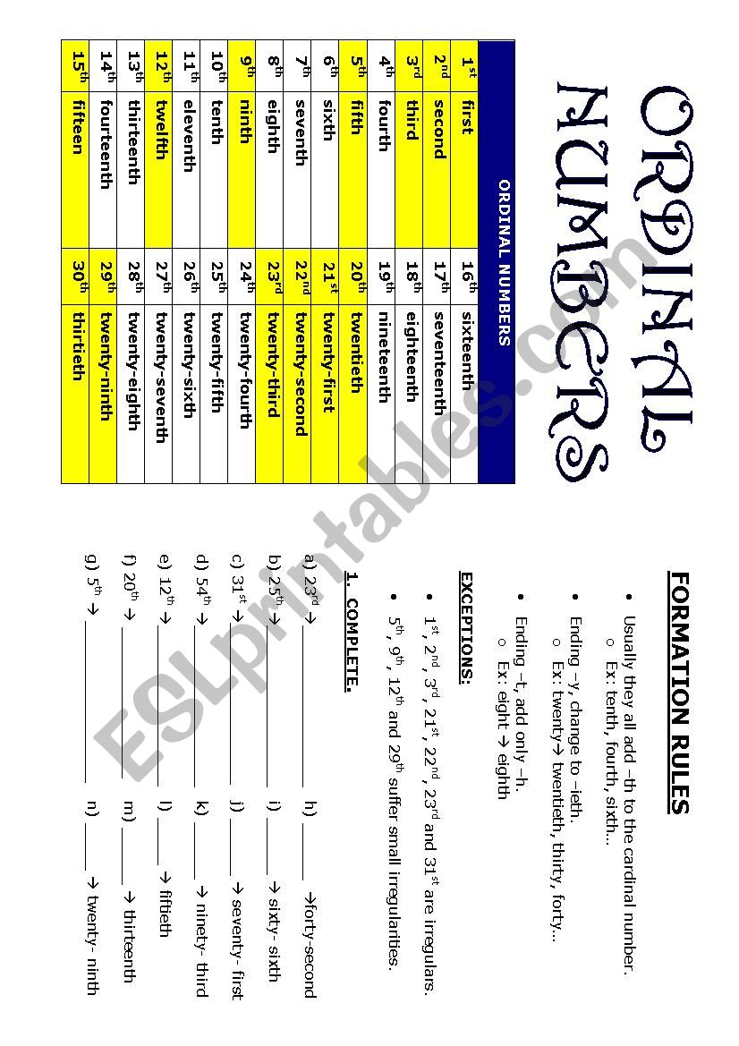 ordinal numbers worksheet