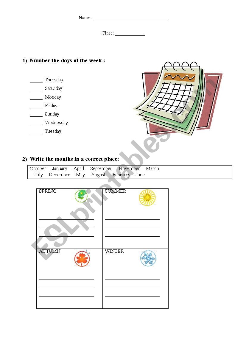 Days of the week, months worksheet