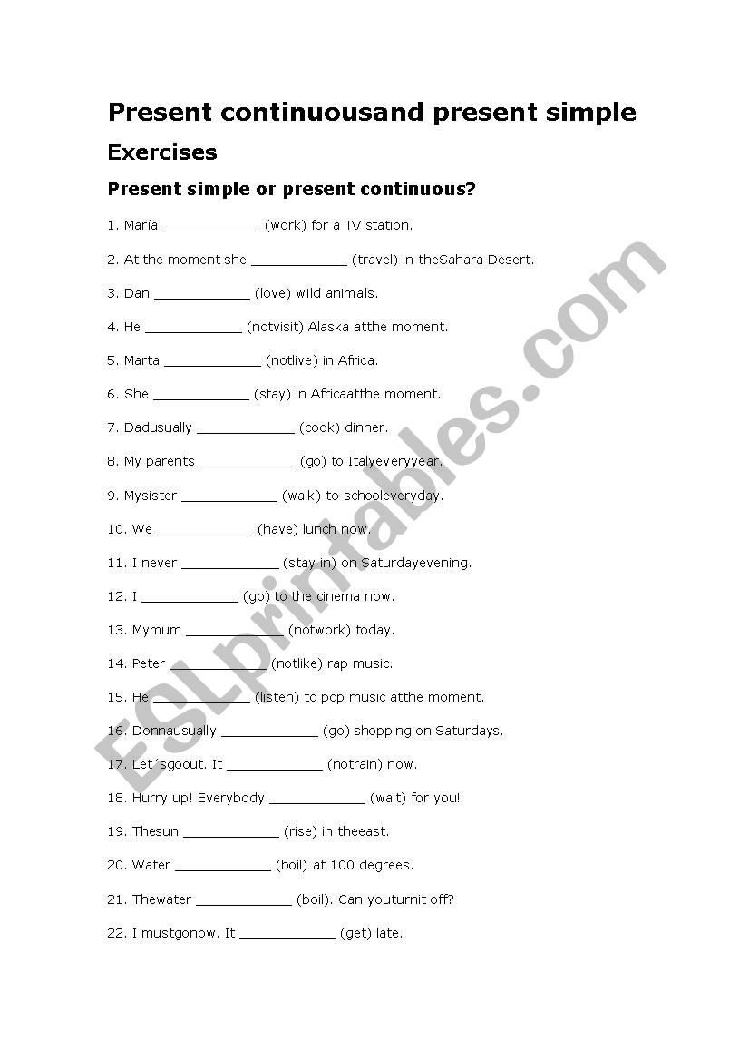 Present Simple / Present Continuous - ESL worksheet by adriaguti10