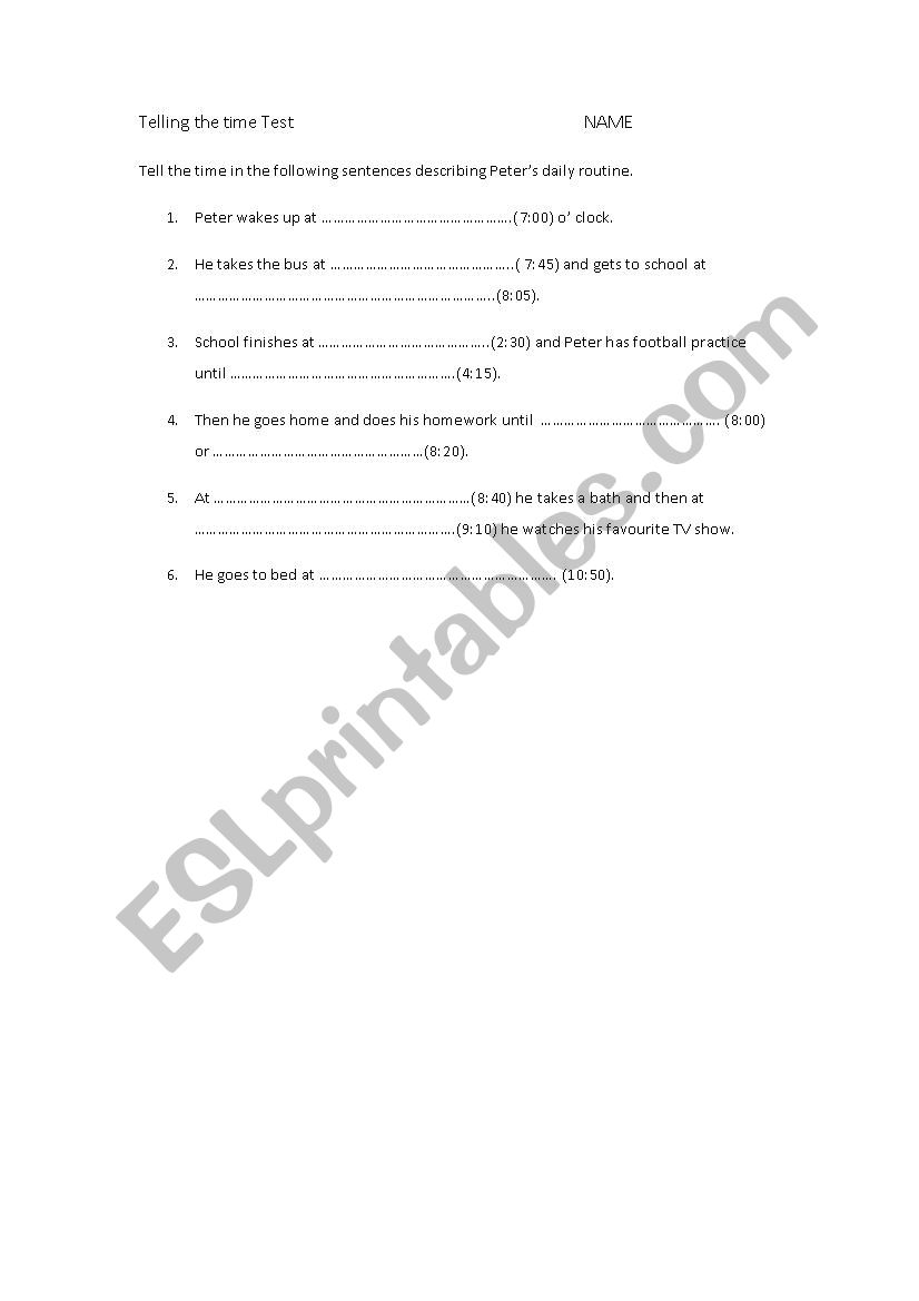 Telling the Time-test worksheet