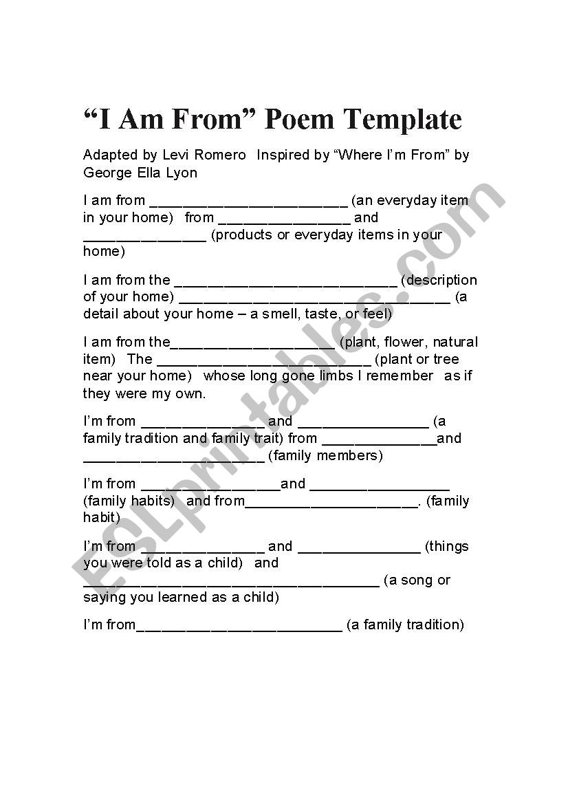 Where Im From template  worksheet