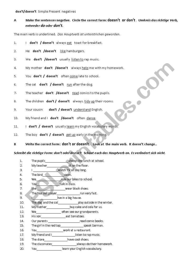 don’t/doesn‘t Simple Present negatives - ESL worksheet by 58pattpatt