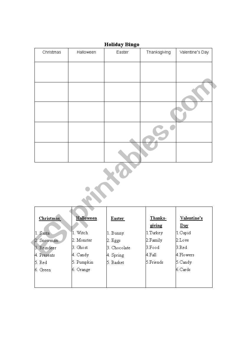 Holiday Bingo worksheet