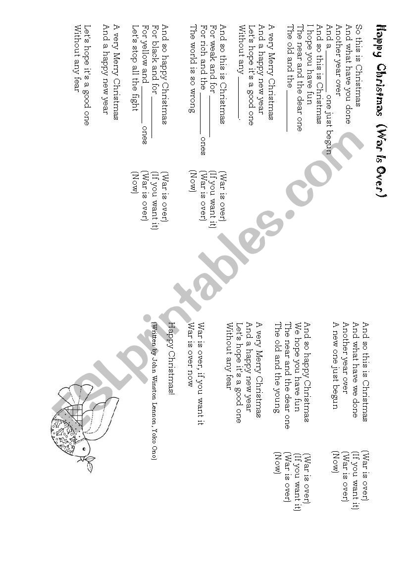 Happy Christmas War Is Over Lyrics Esl Worksheet By Vasspe