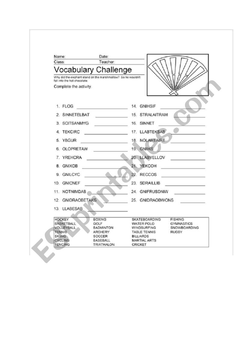 Vocabulary challange - sport worksheet