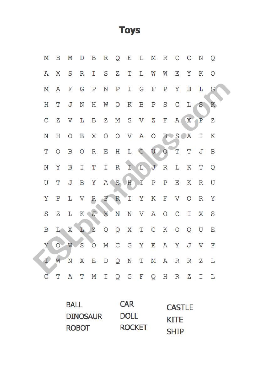 Toys word search worksheet