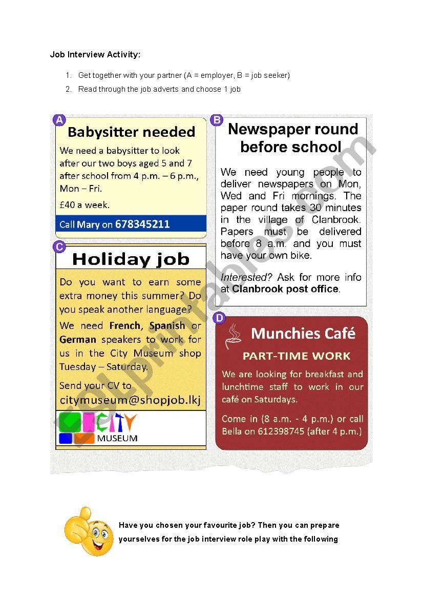 Job Interview Activity worksheet