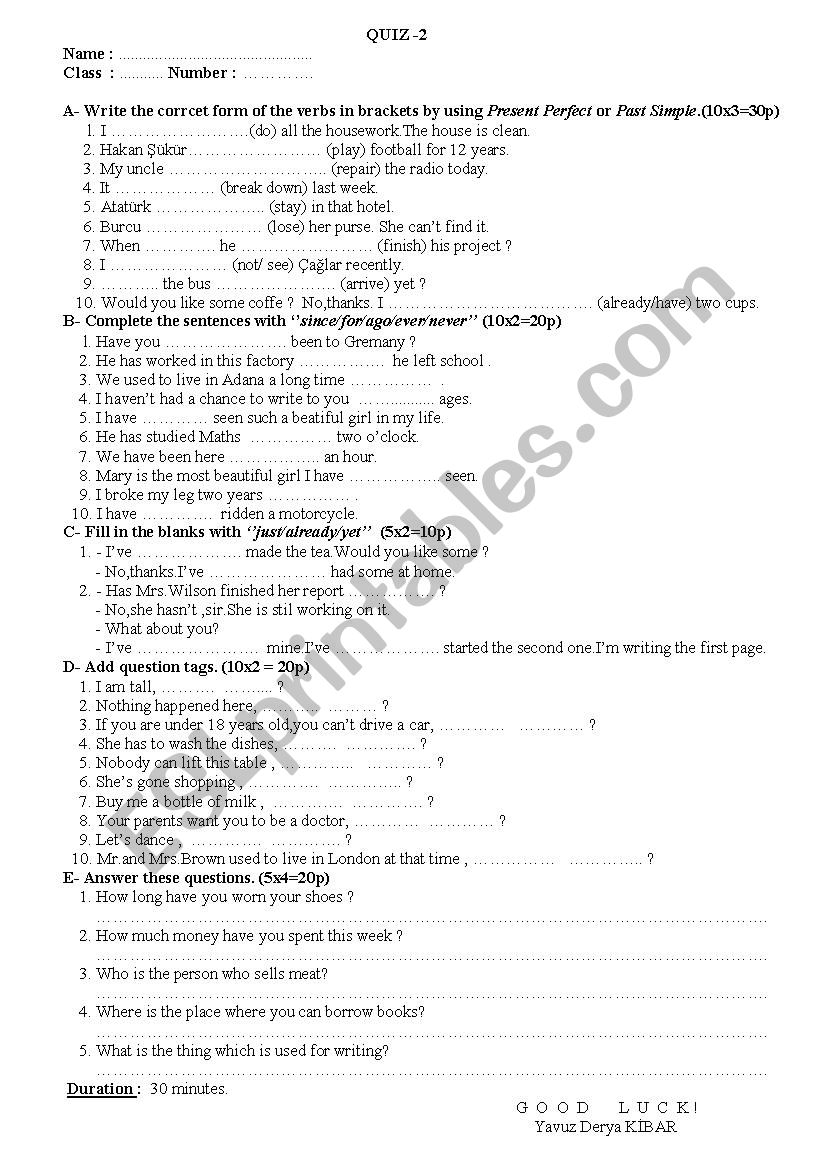 quiz about present perfect worksheet