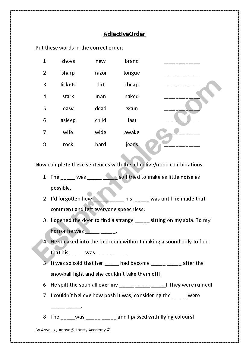 Adjective order worksheet