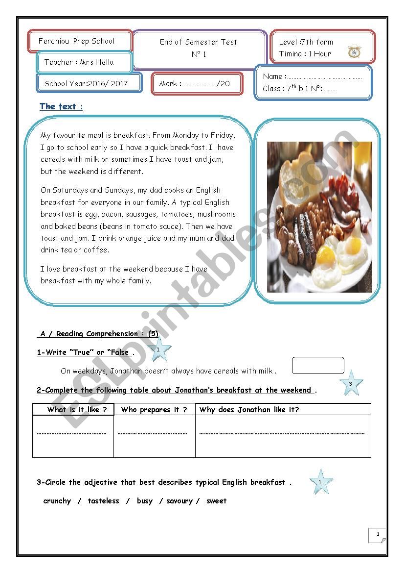 End of Semester Test n°1 7th form 2016-2017 - ESL worksheet by marane