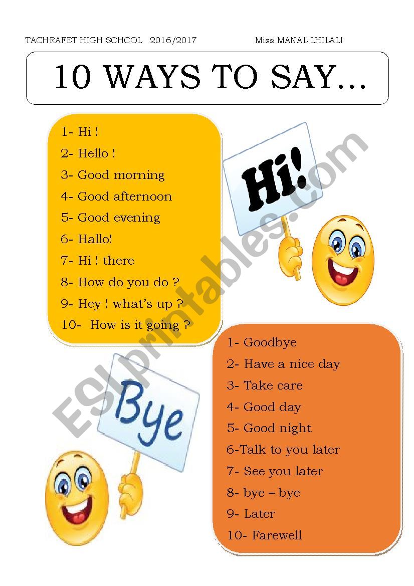 10 ways to say HI and BYE - ESL worksheet by marinal