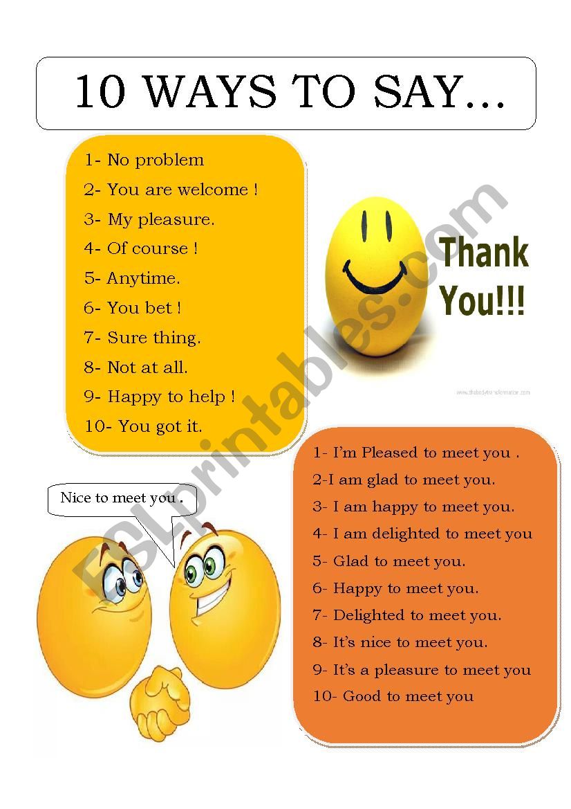 10 WAYS TO SAY THANK YOU AND NICE TO MEET YOY - ESL worksheet by marinal