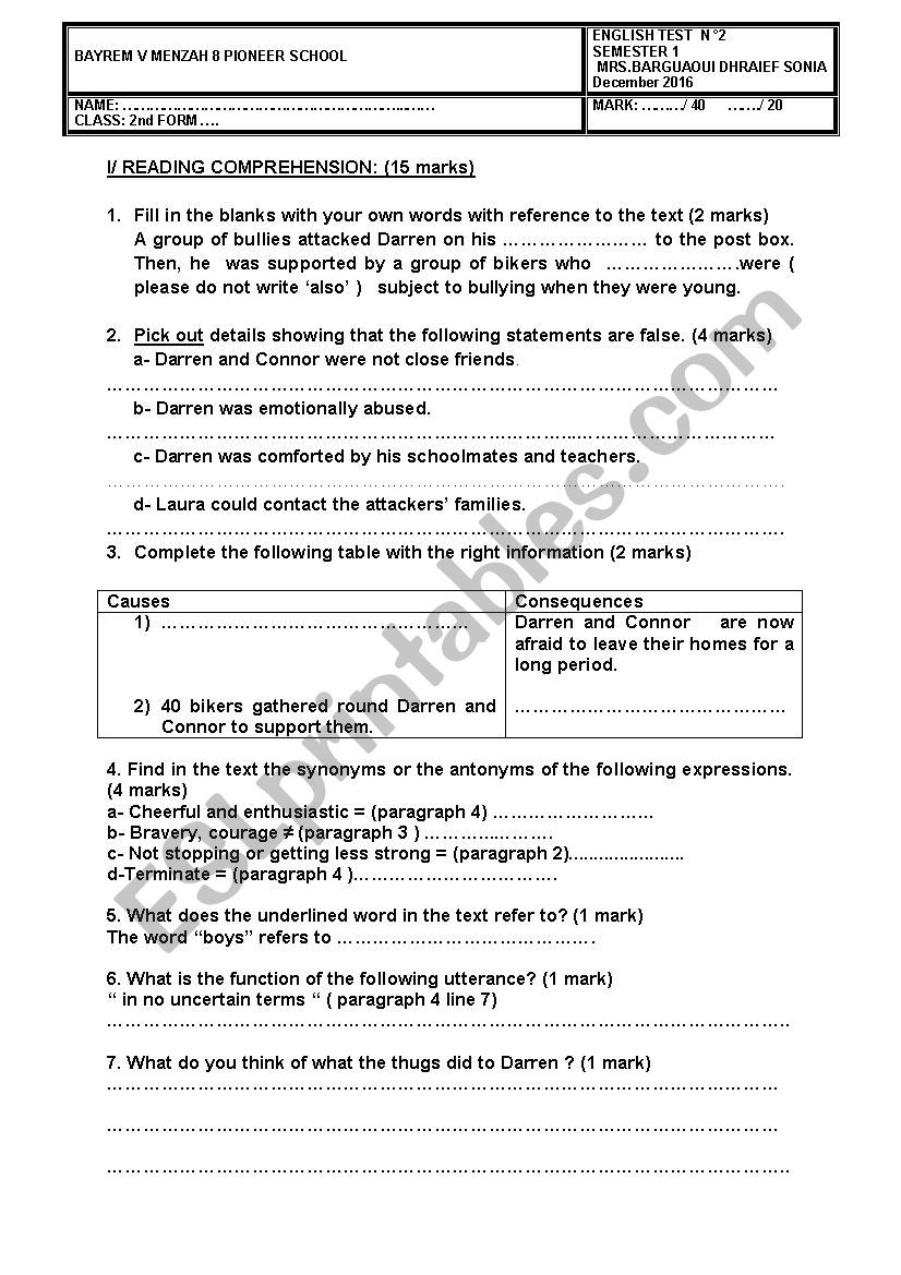 ENGLISH TEST N°2 DECEMBER 2016 2ND FORM - ESL worksheet by ...