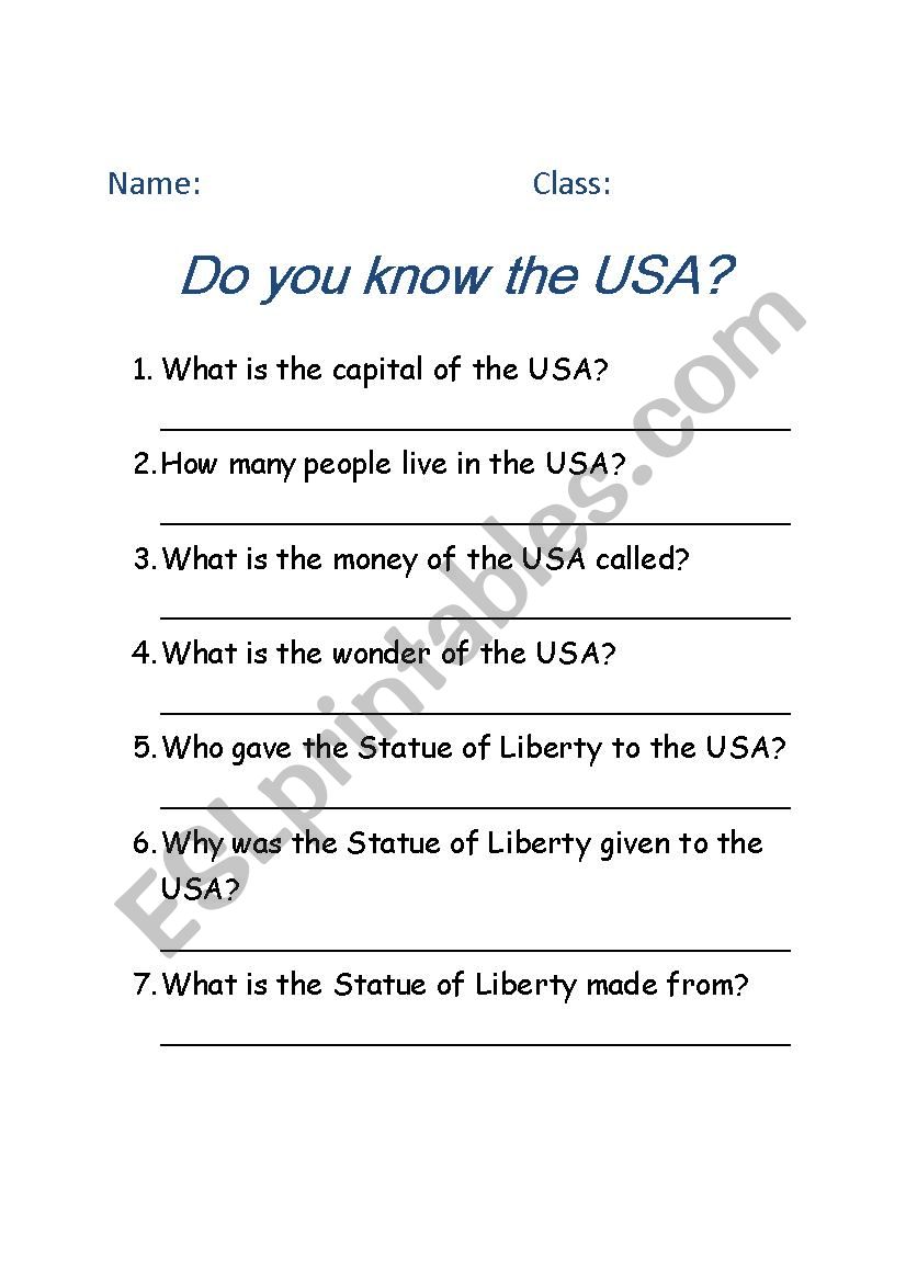USA Unit Quiz worksheet
