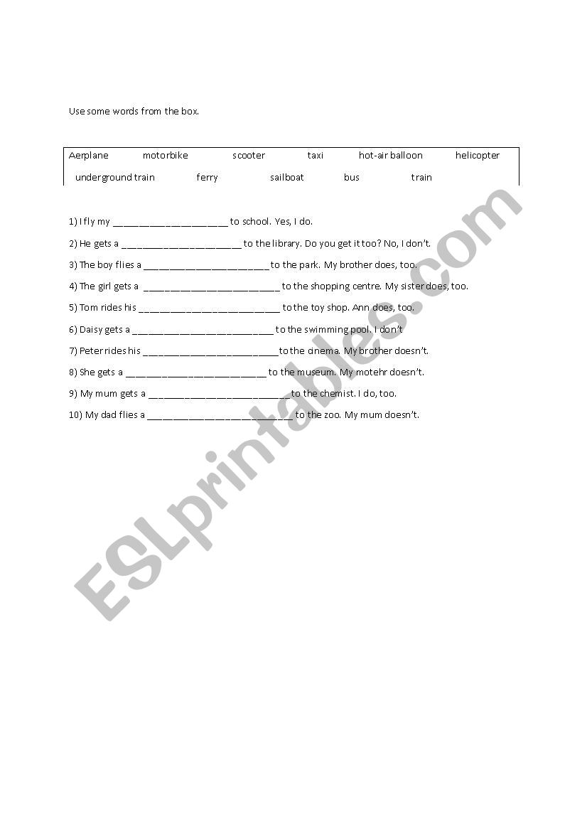 Transportation Our world worksheet