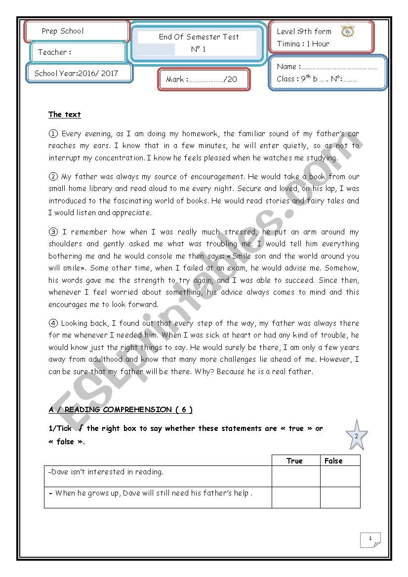 End of Semester Test n°1 9th form 2016-2017 - ESL worksheet by marane