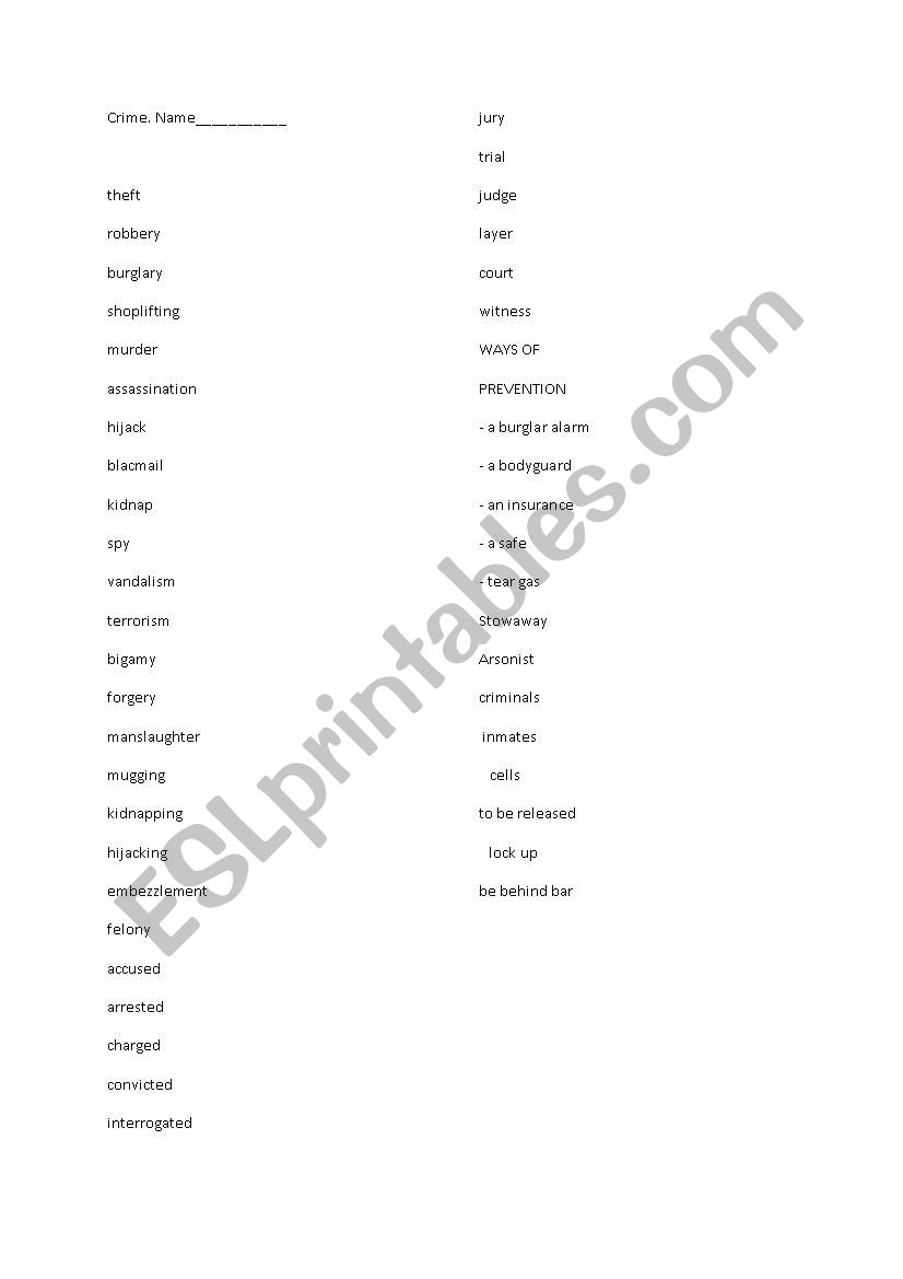 crime vocabulary short test worksheet