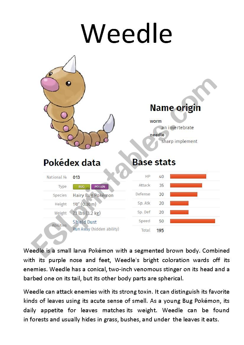 Pokémon Database (5 of 8) - ESL worksheet by Ipsagel