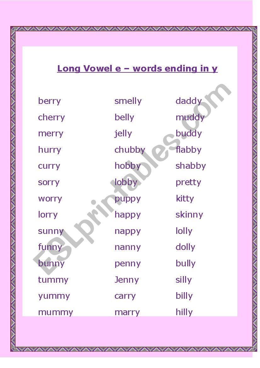 Long vowel e sound - words ending in y - ESL worksheet by ummzz