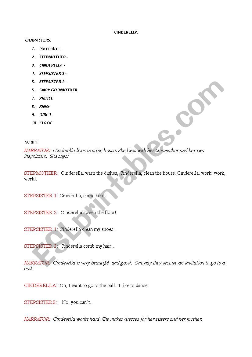 Cinderella script  worksheet