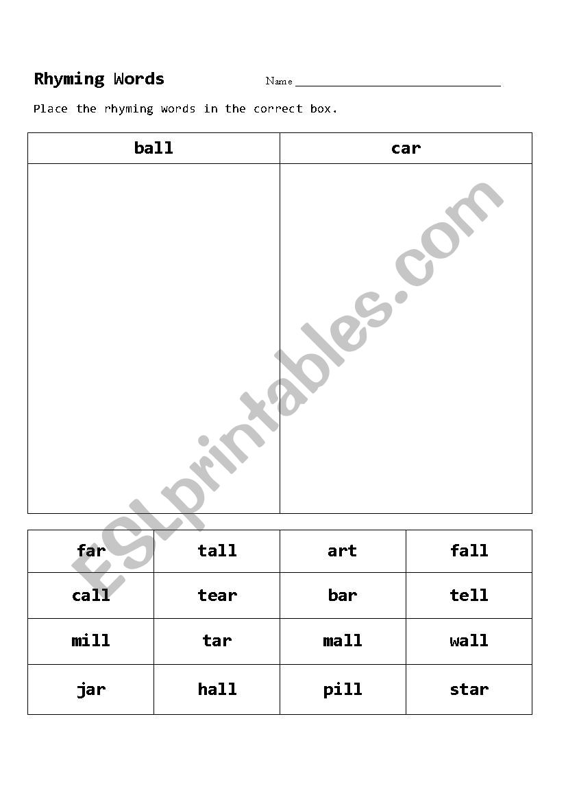 Rhyming Words -ar and -all worksheet