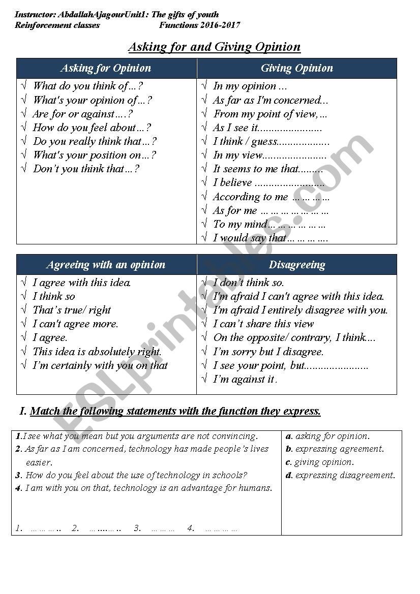 Expressing Feelings, Opinions, Agreement and Disagreement