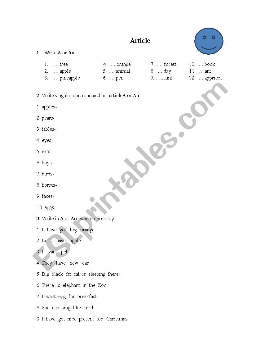 Articles A/An worksheet