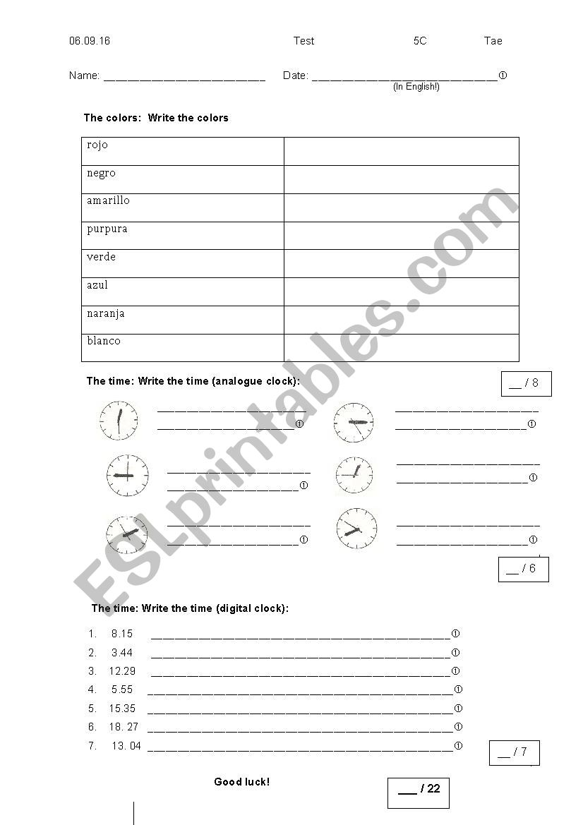 Test Time and Colors worksheet