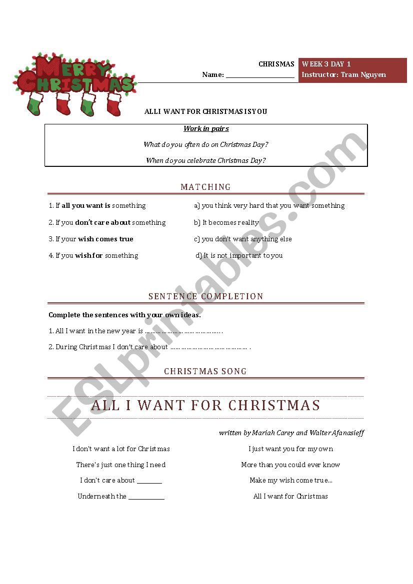 Christmas worksheet - All I want for Xmas is you