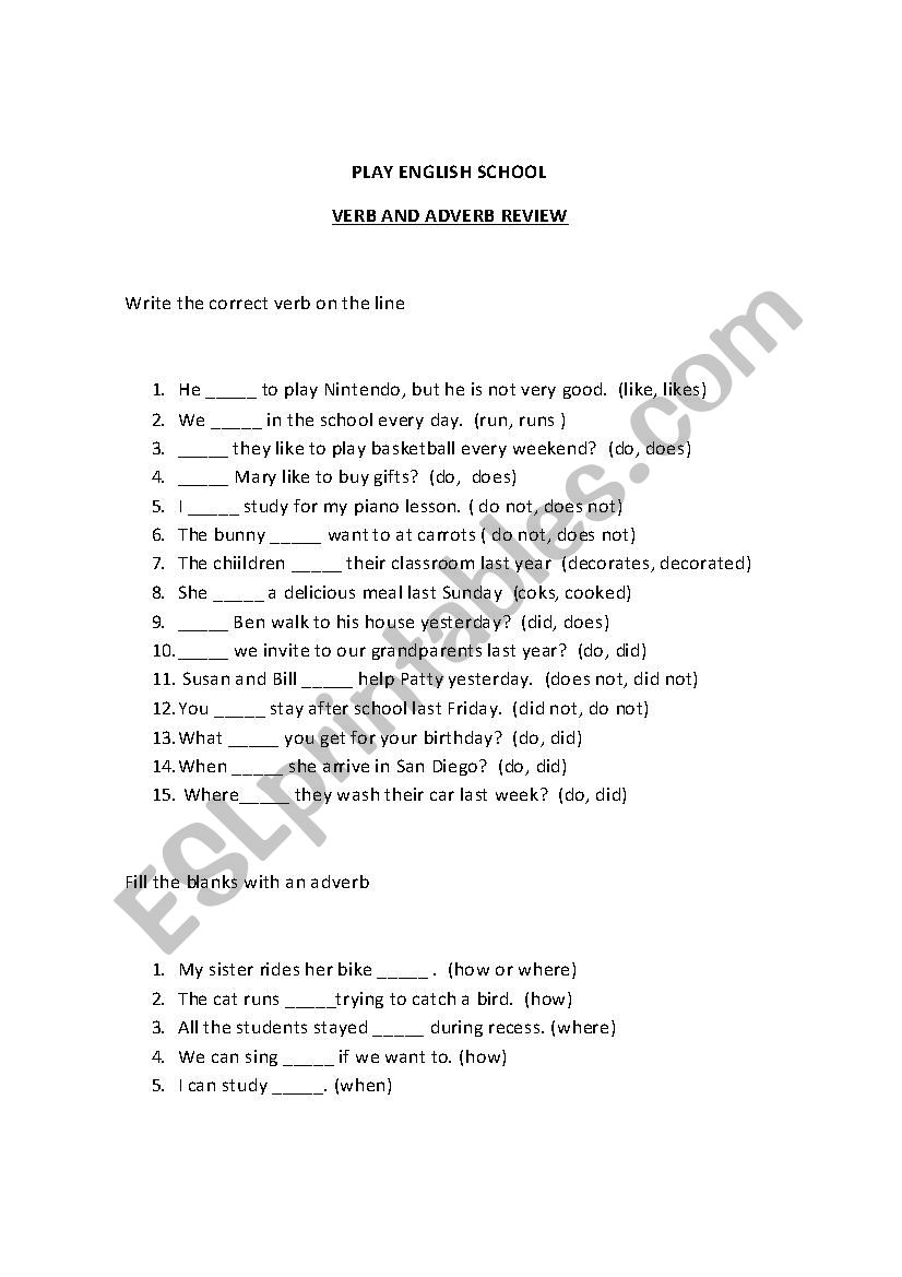 ADVERB AND VERB REVIEW worksheet