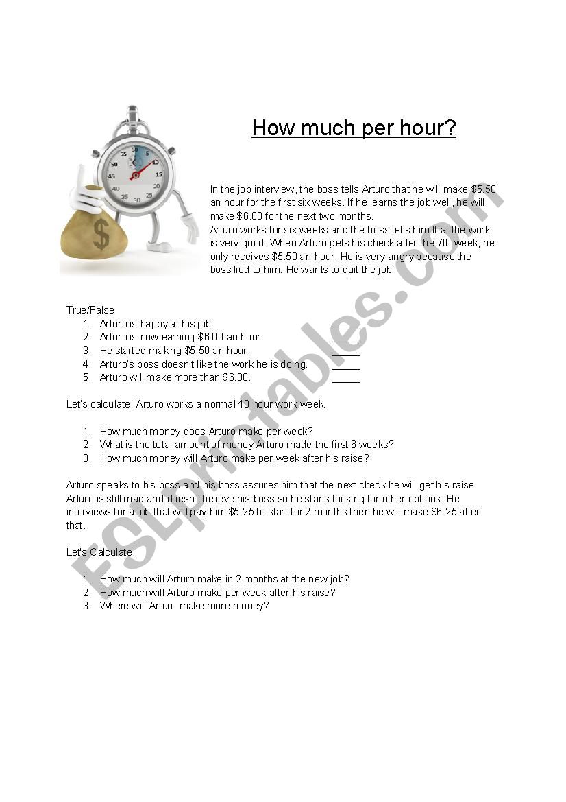 Calculating how much per hour worksheet