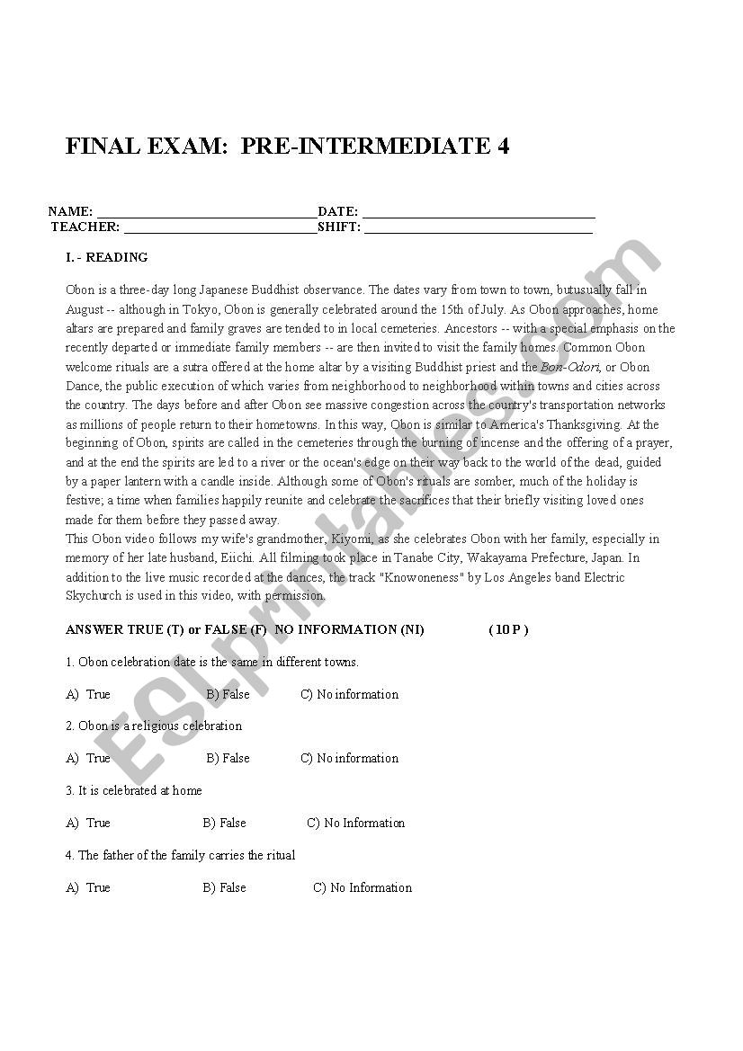 FINAL EXAM - ESL Worksheet By Rosealviar