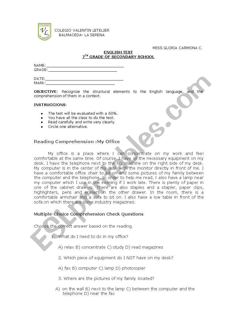 English test worksheet