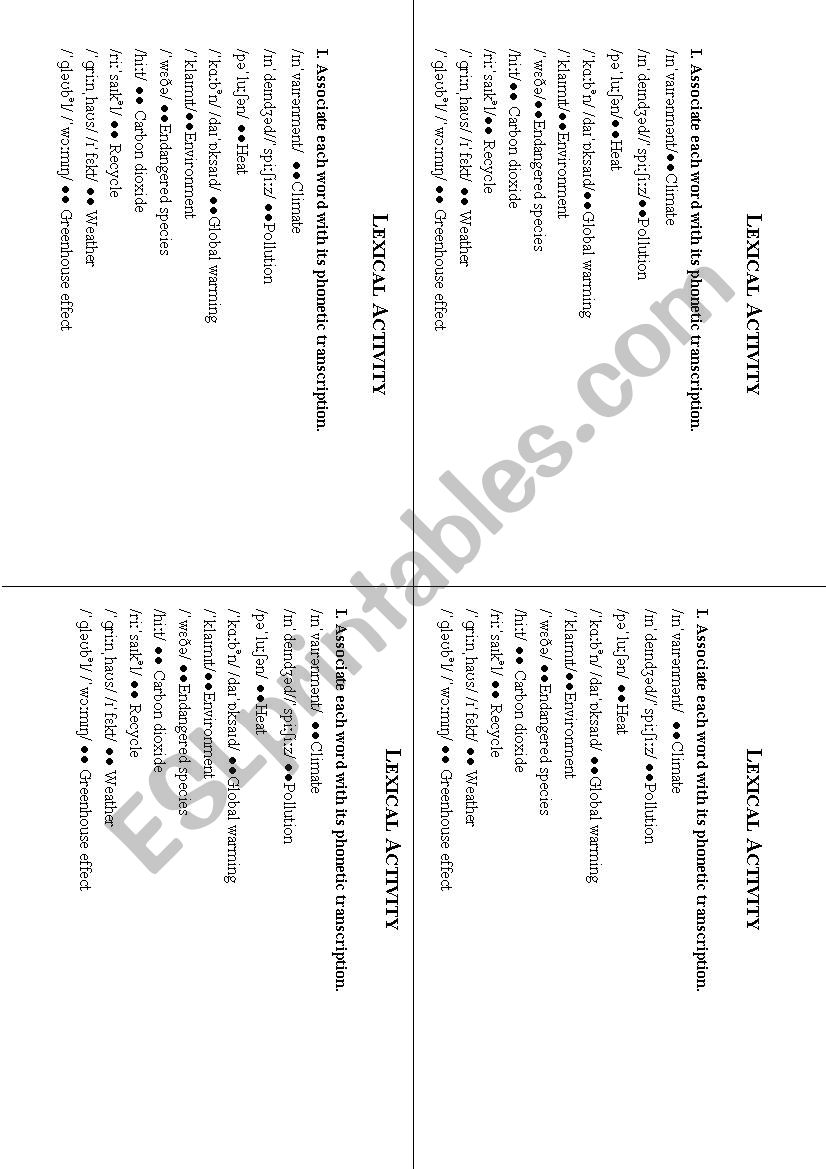 Environment lexical activity worksheet
